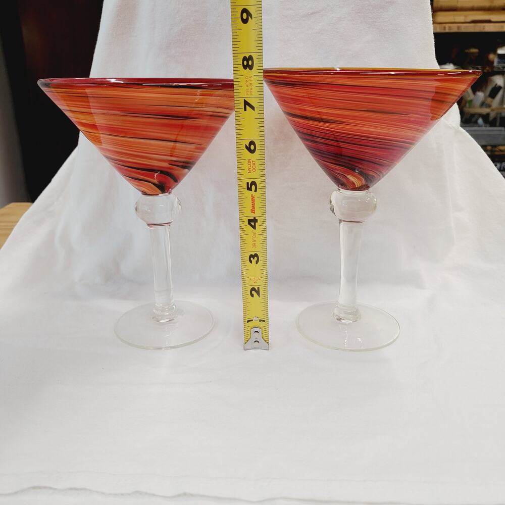 Handblown Martini Glasses "Red Twist" Swirled Red, Orange & Black EUC